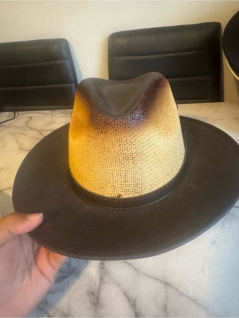 Brown Western Cowboy Hat Wide Brim Woven Crown